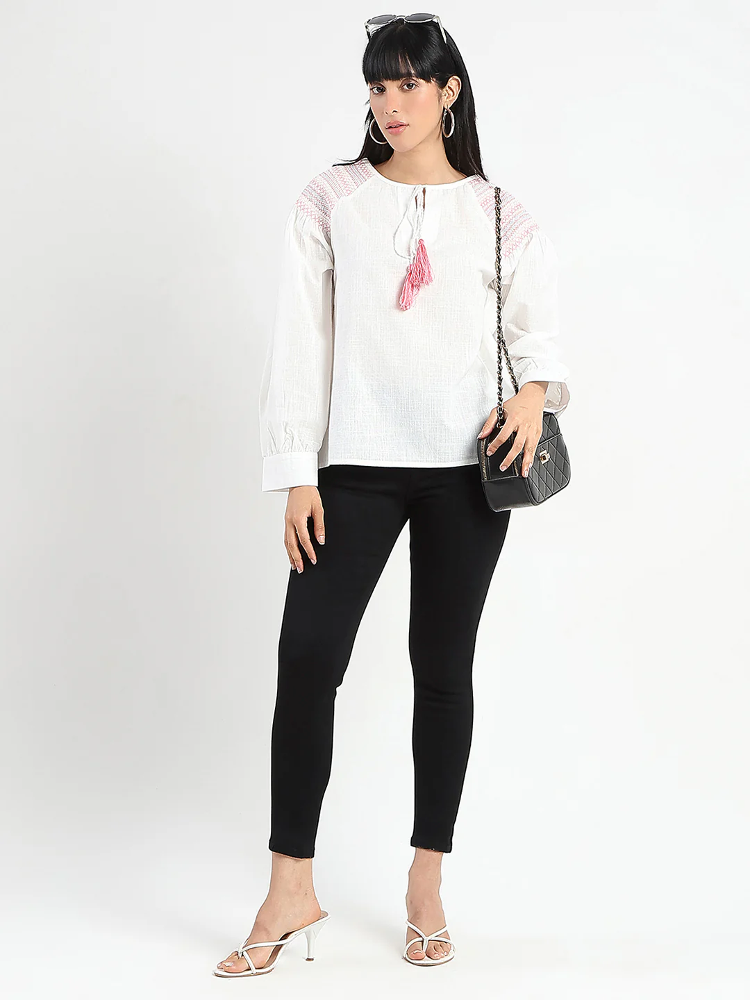 Madame Tie Neck Cotton Blend White Top - Image 2