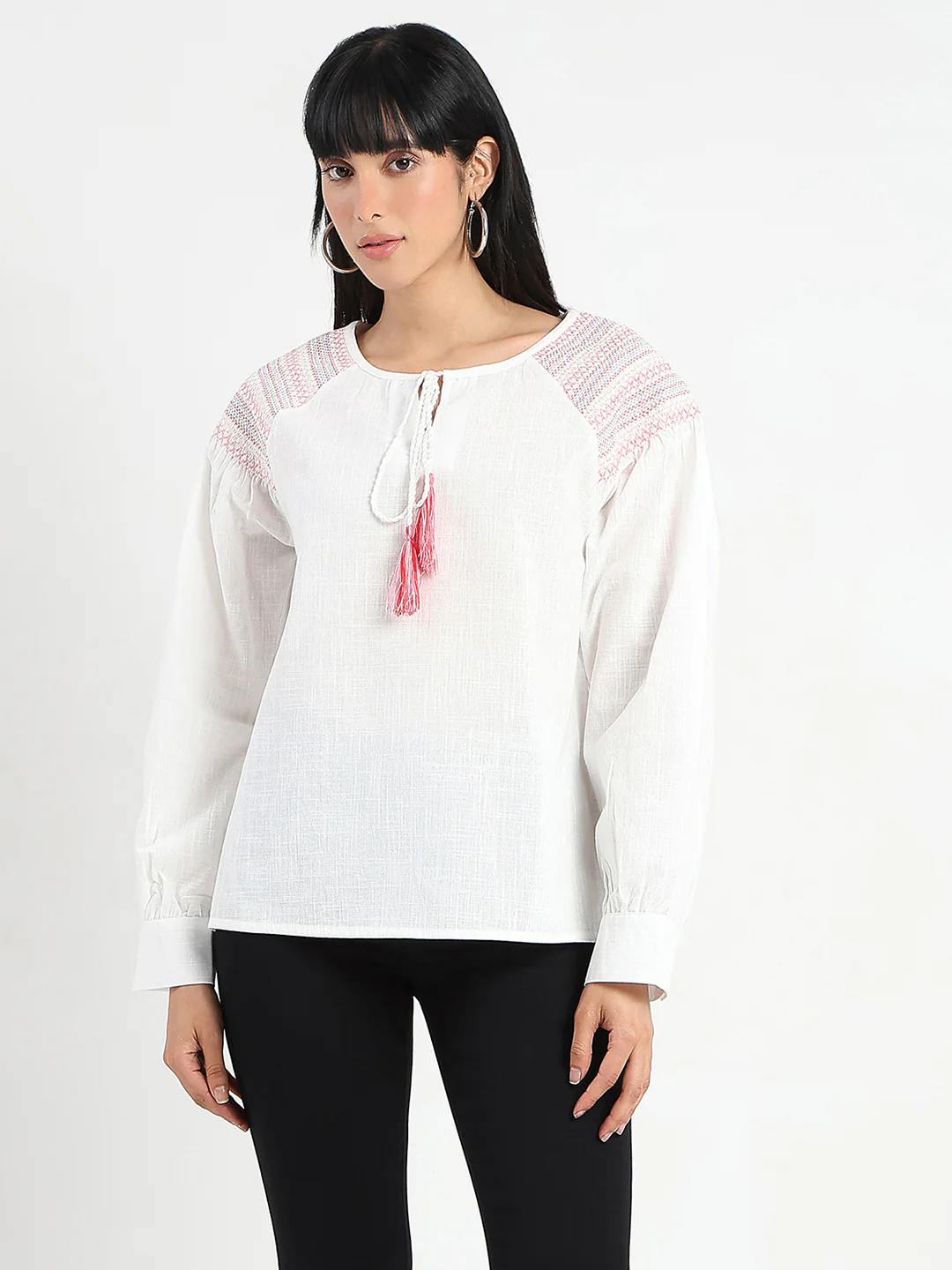 Madame Tie Neck Cotton Blend White Top - Image 3