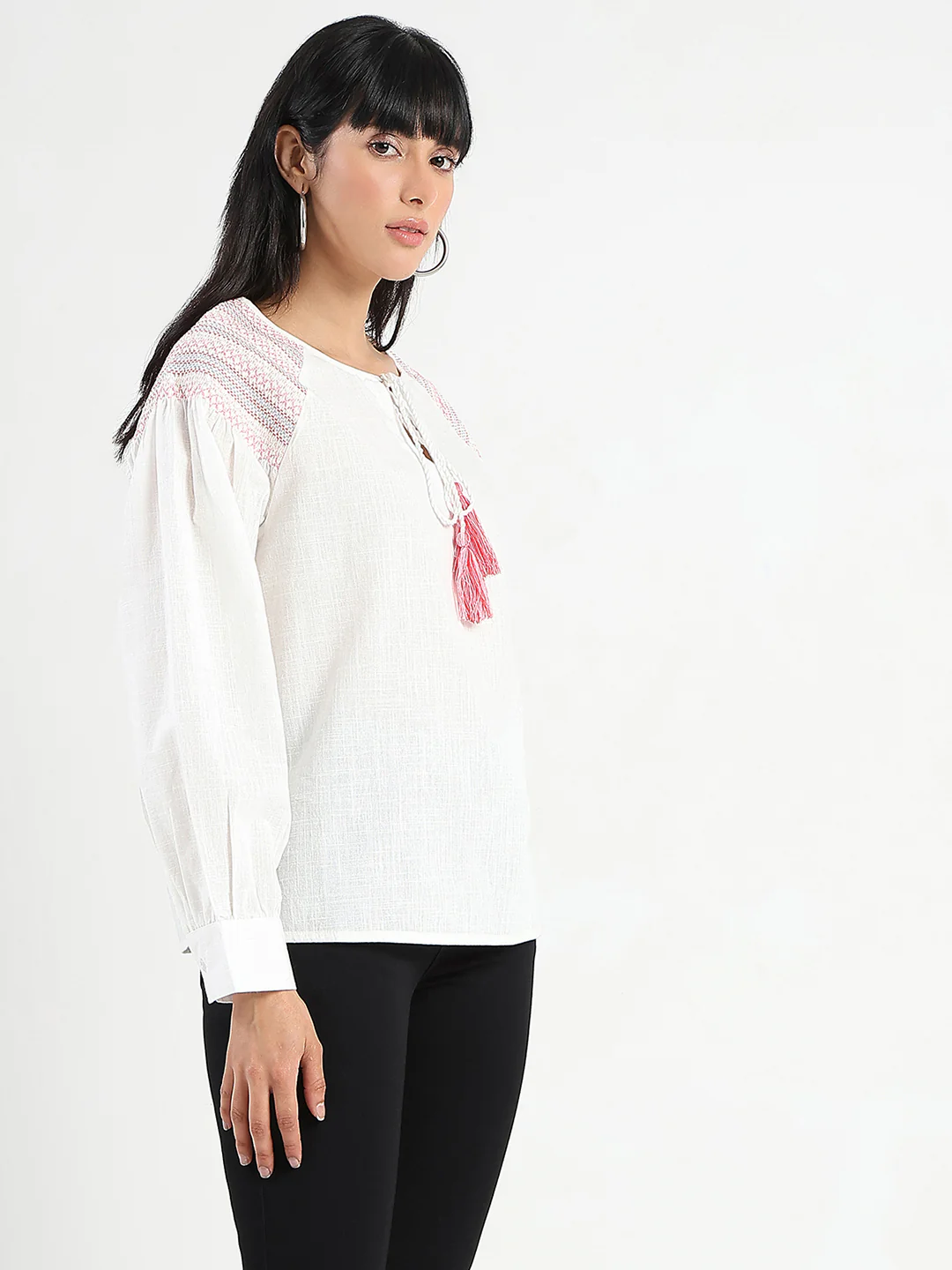 Madame Tie Neck Cotton Blend White Top - Image 4