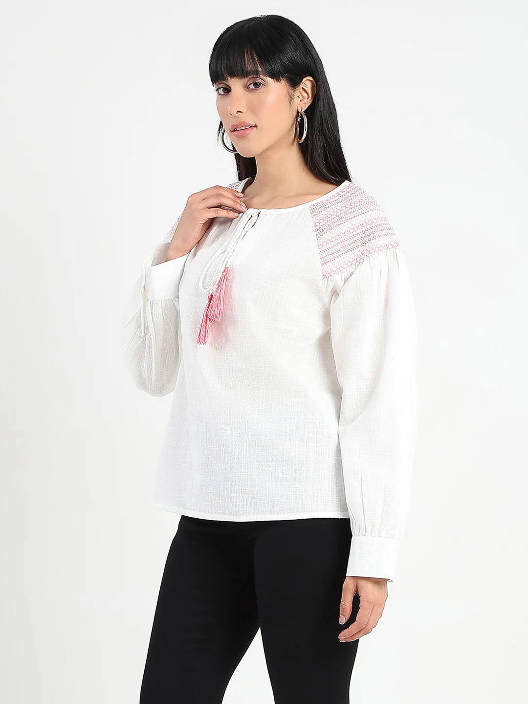 Madame Tie Neck Cotton Blend White Top - Image 5