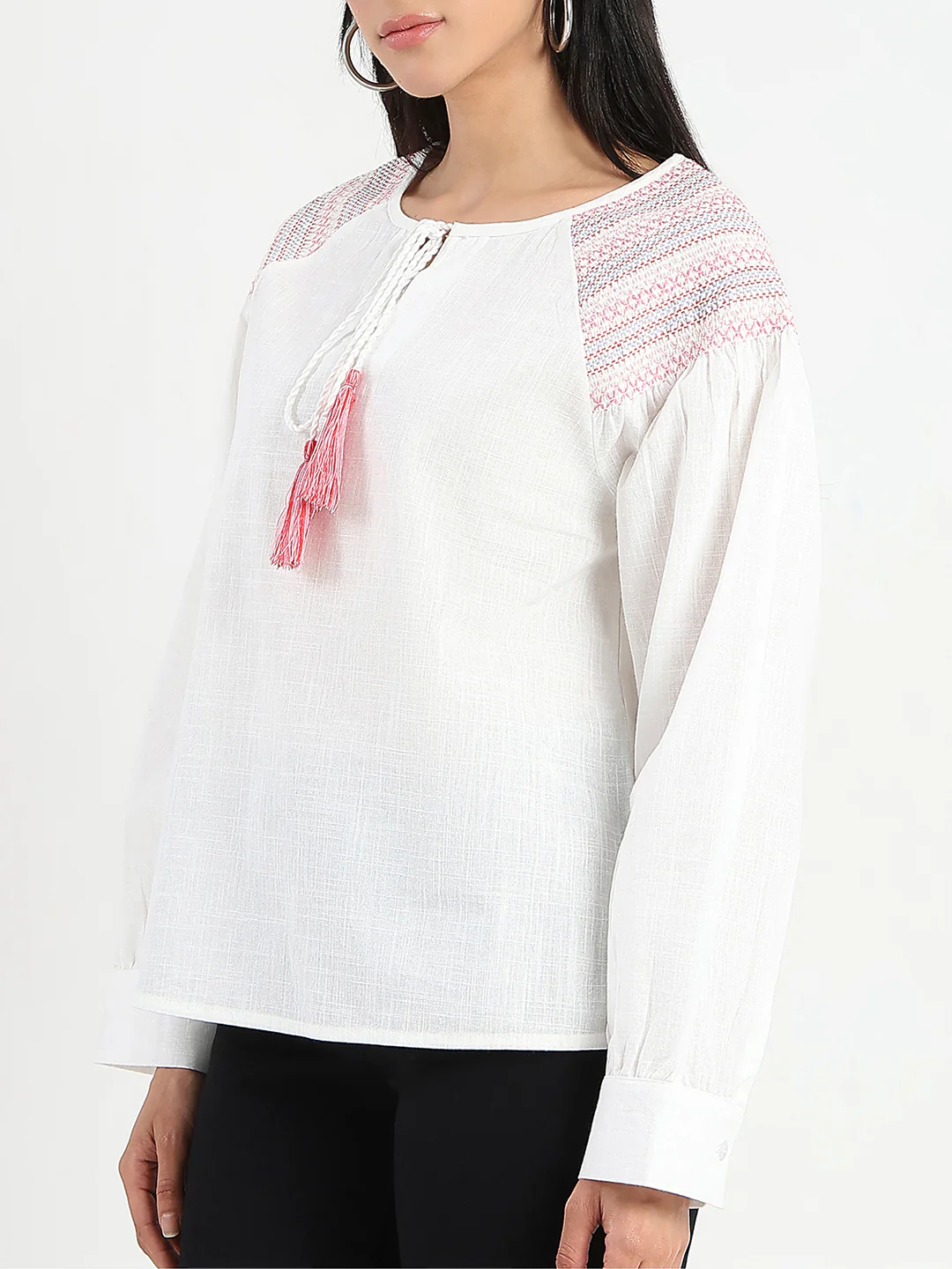 Madame Tie Neck Cotton Blend White Top - Image 7