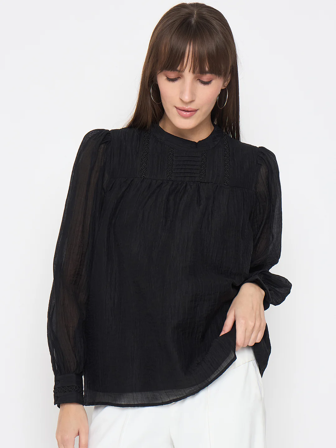 Madame Nylon Blend Pleat Detailed Black Top - Image 3