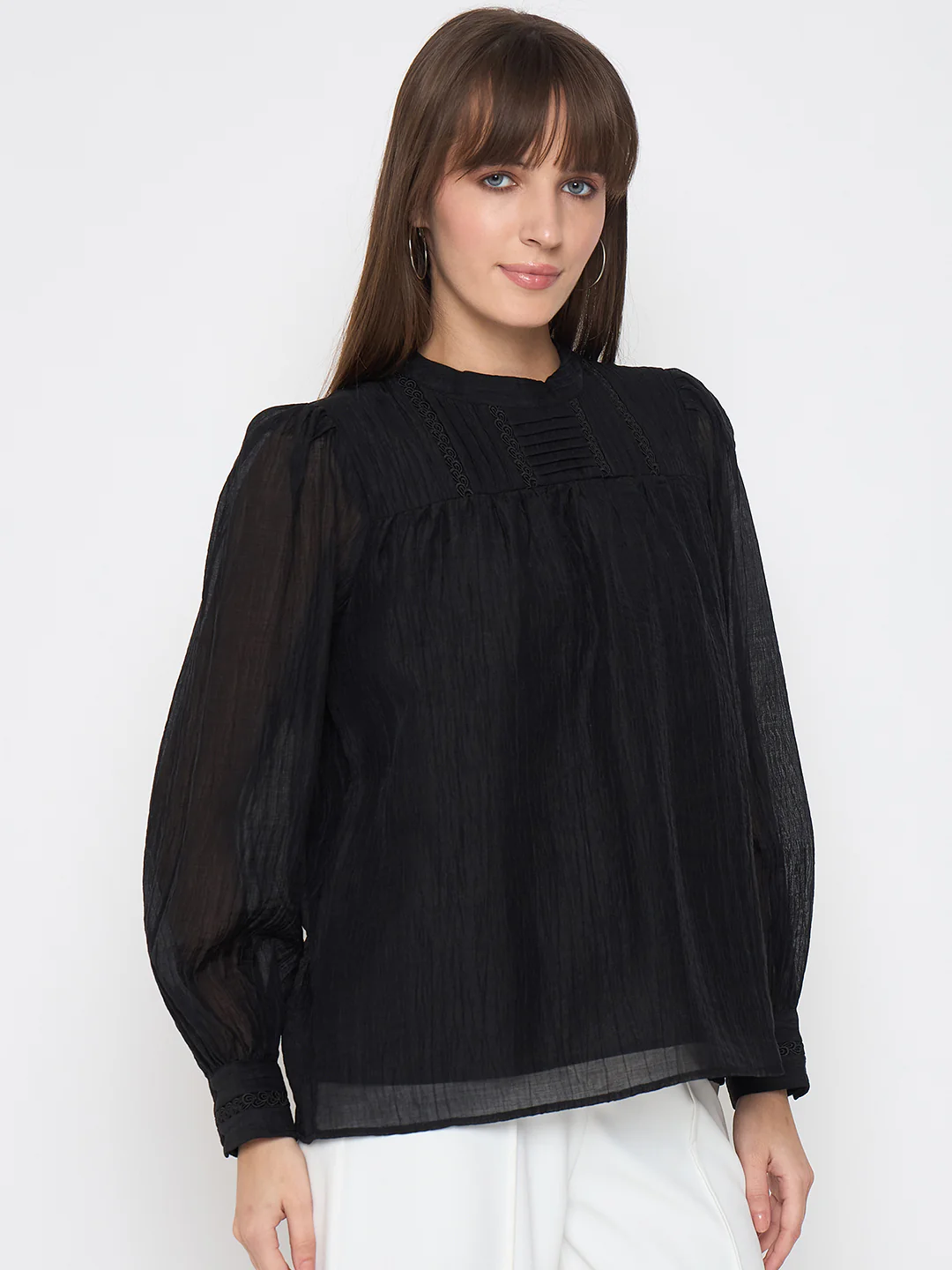 Madame Nylon Blend Pleat Detailed Black Top - Image 4