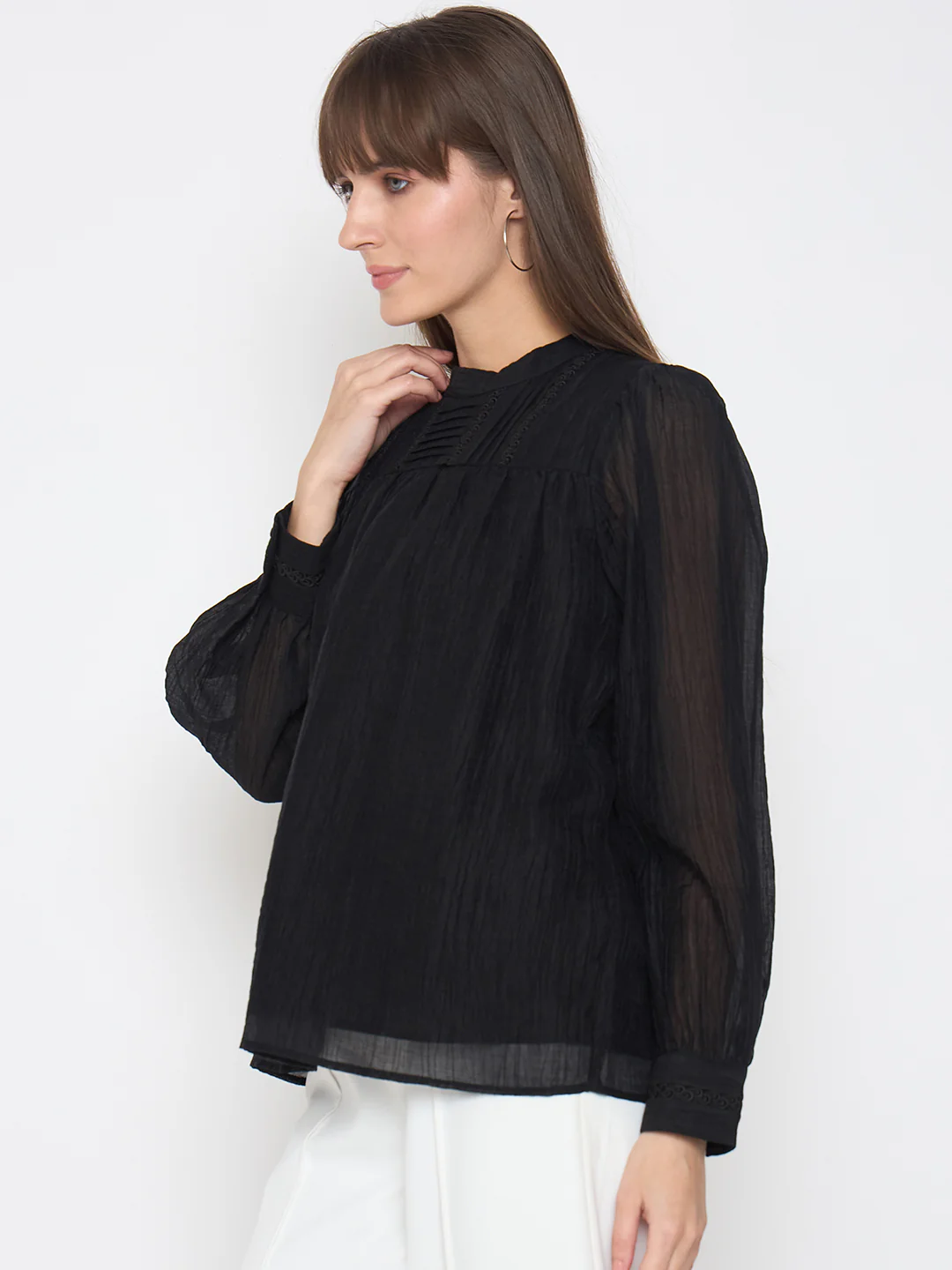 Madame Nylon Blend Pleat Detailed Black Top - Image 5