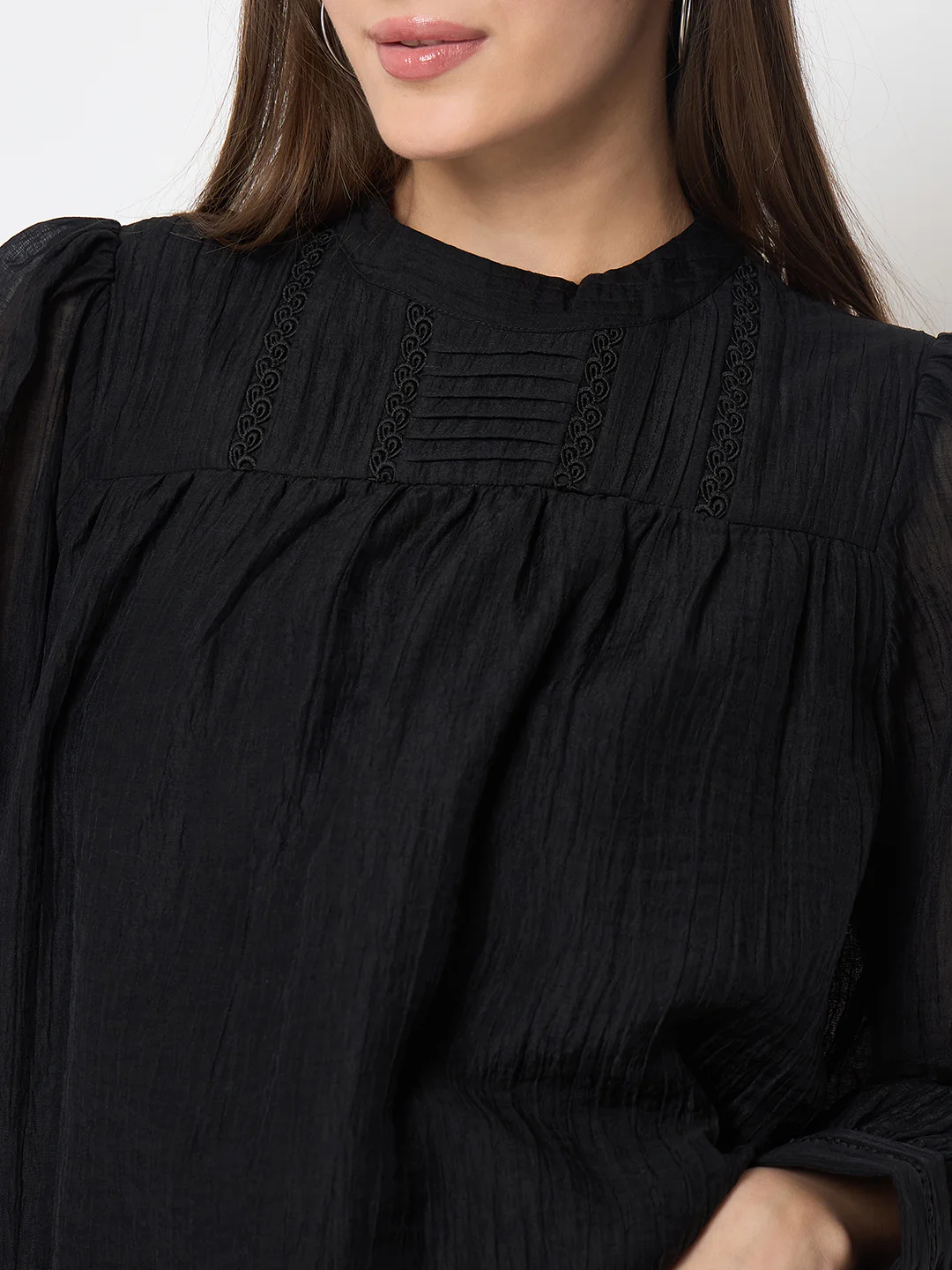 Madame Nylon Blend Pleat Detailed Black Top - Image 7