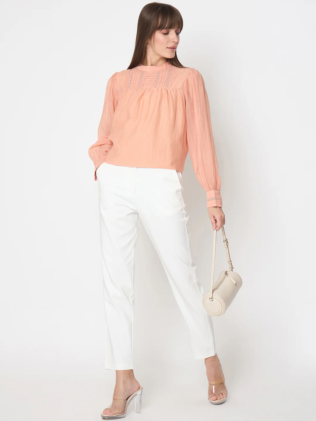 Madame Nylon Blend Pleat Detailed Peach Top - Image 2