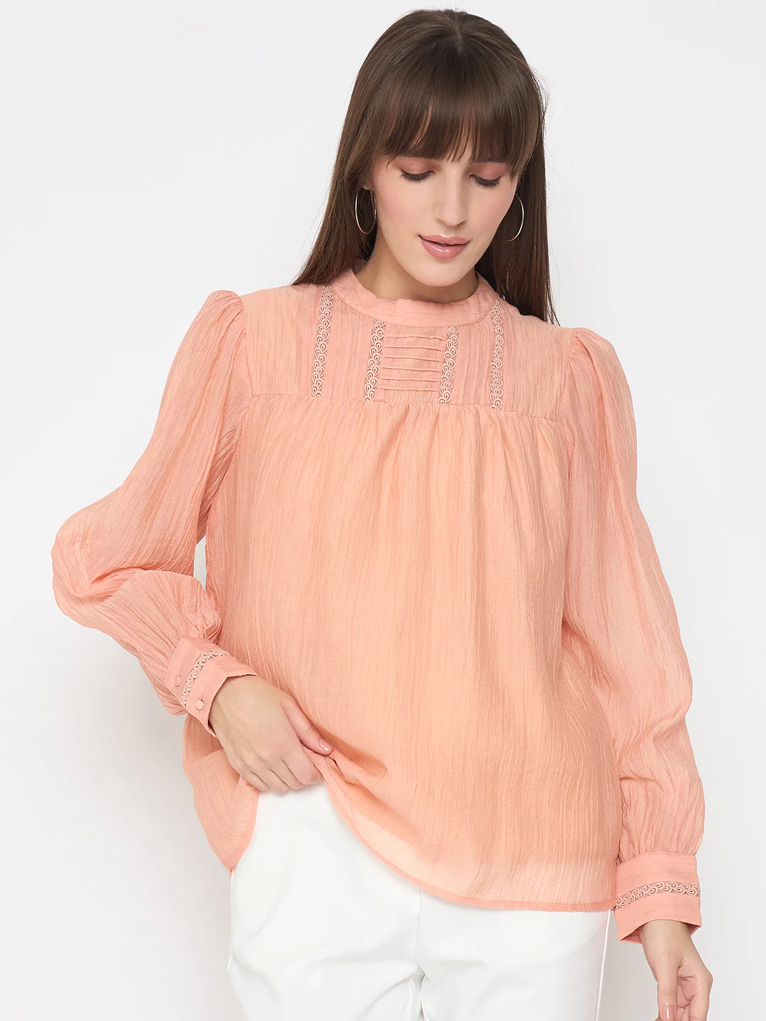 Madame Nylon Blend Pleat Detailed Peach Top - Image 3