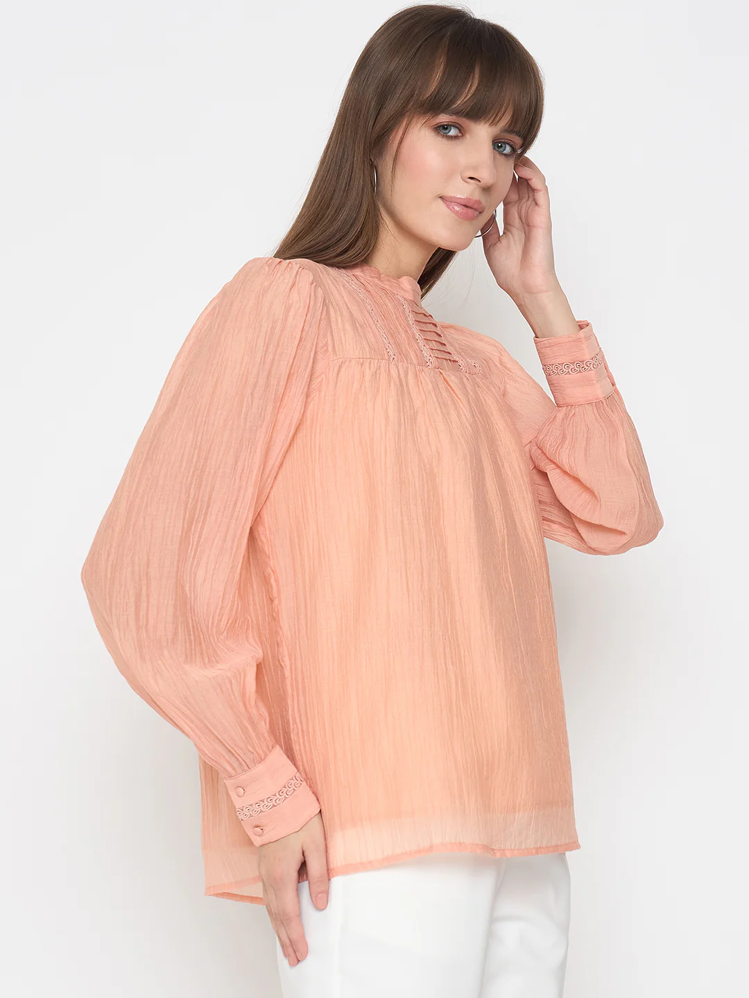 Madame Nylon Blend Pleat Detailed Peach Top - Image 4