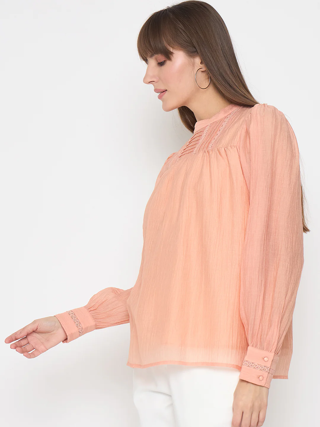 Madame Nylon Blend Pleat Detailed Peach Top - Image 5