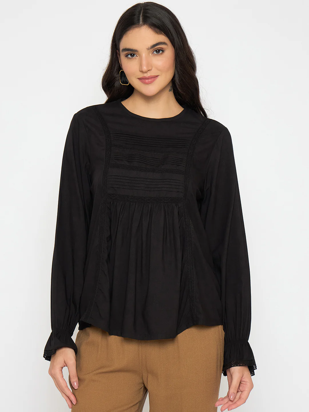 Madame Ruched Detail Black Viscose Top - Image 3