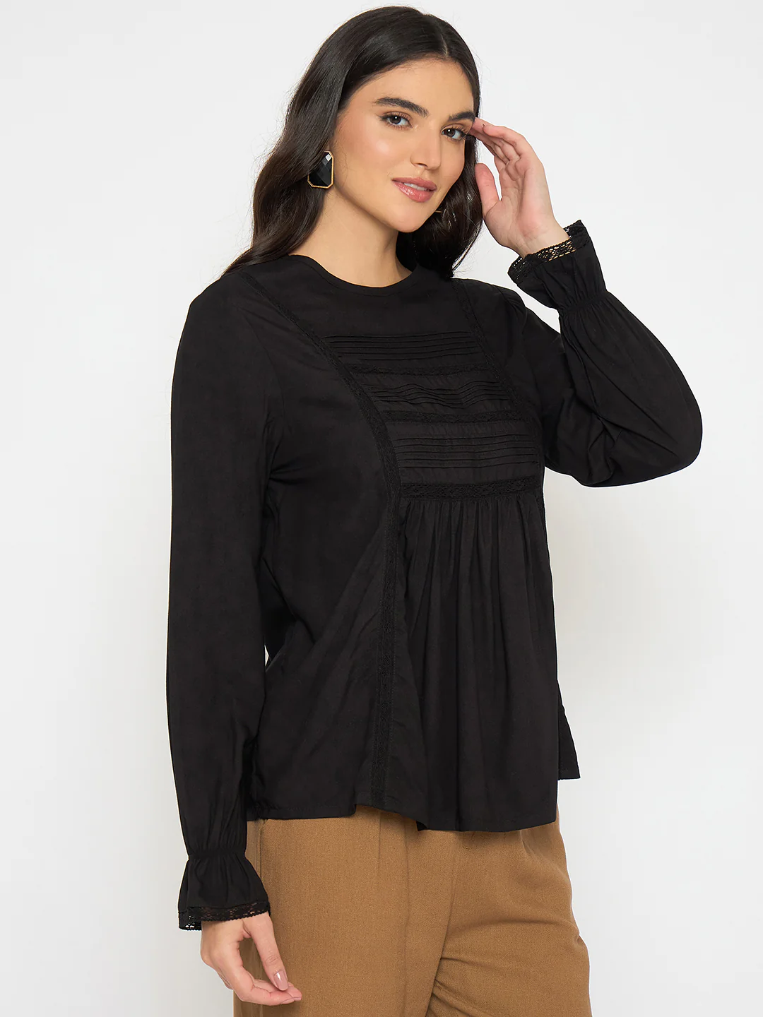 Madame Ruched Detail Black Viscose Top - Image 4