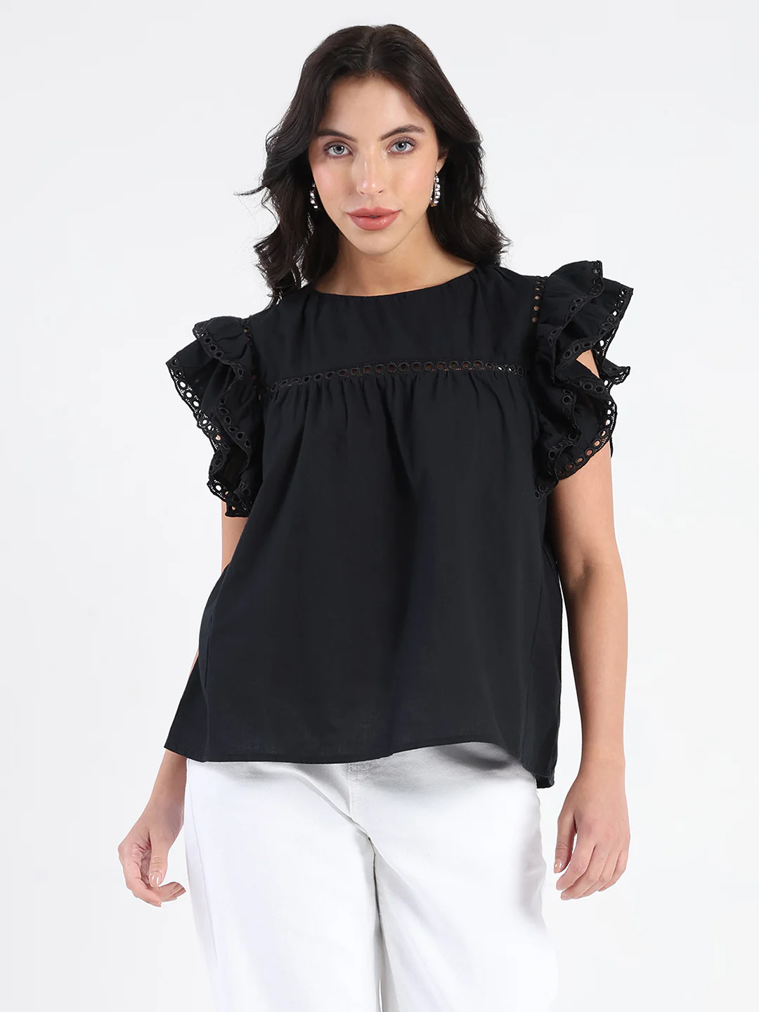 Madame Lace Inserted Black Cotton Top - Image 2
