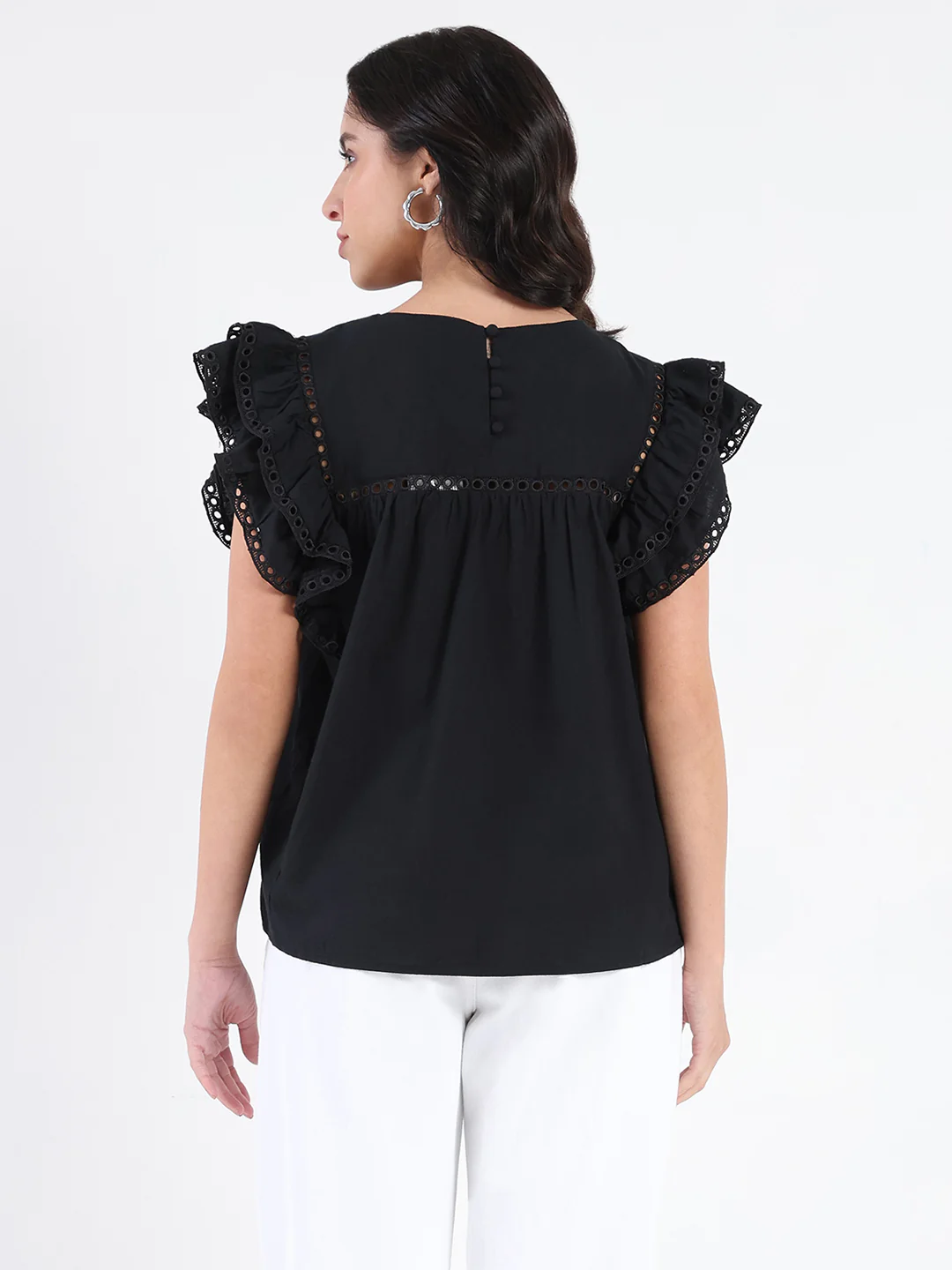 Madame Lace Inserted Black Cotton Top - Image 5