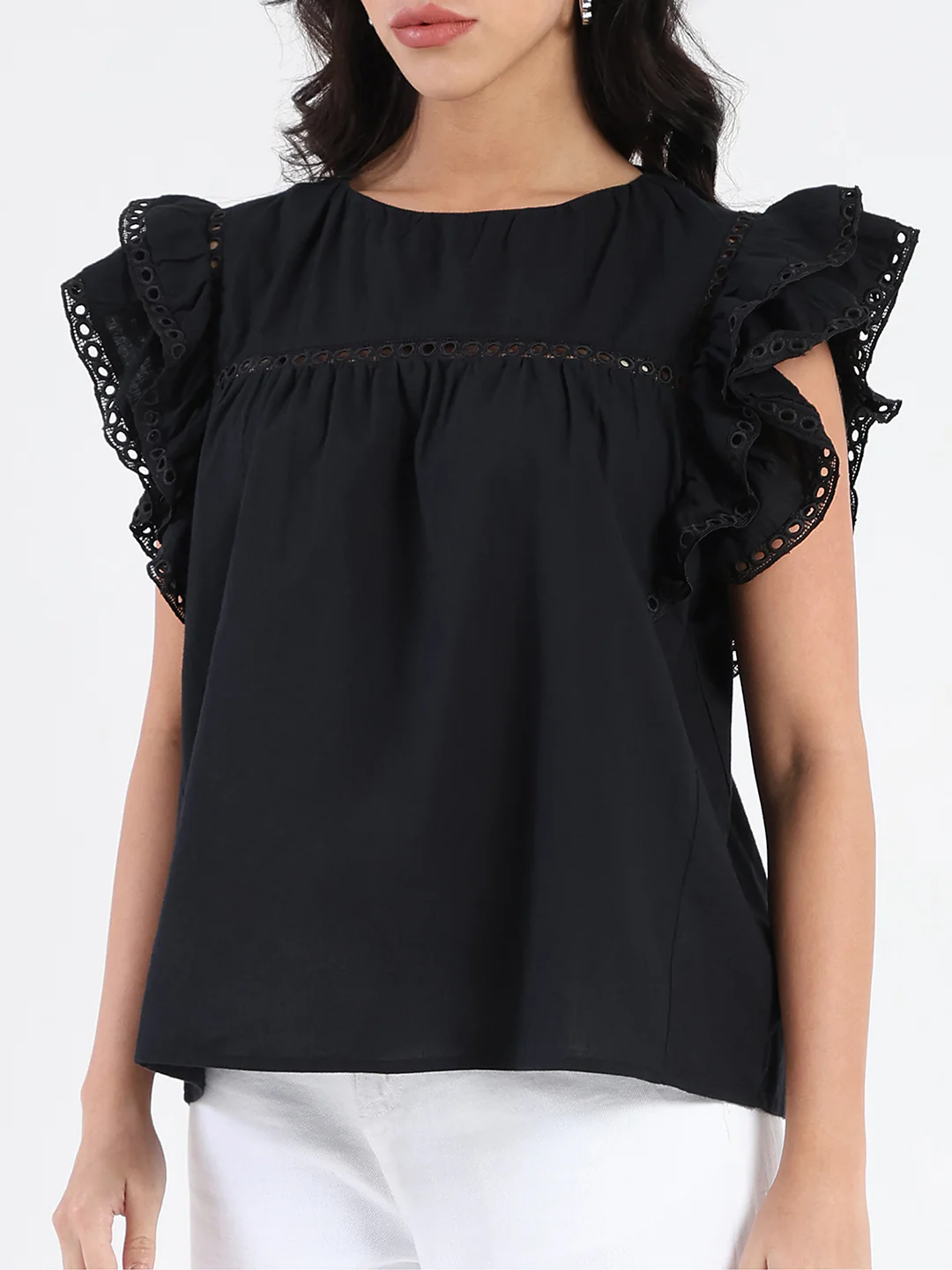Madame Lace Inserted Black Cotton Top - Image 6