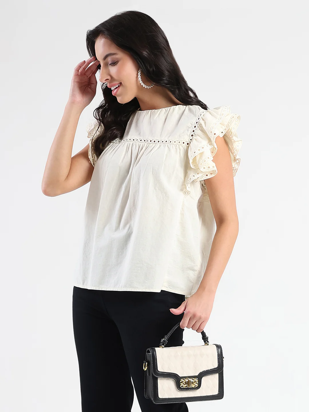 Madame Lace Inserted Off White Cotton Top