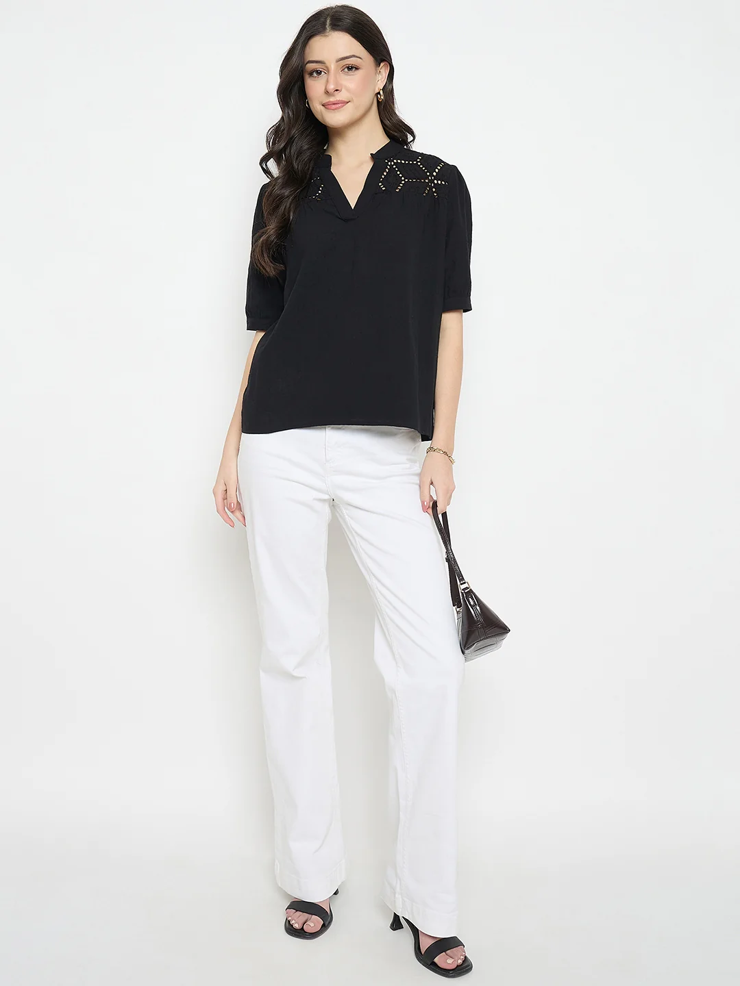 Madame Schiffli Detailing Black Cotton Top - Image 3