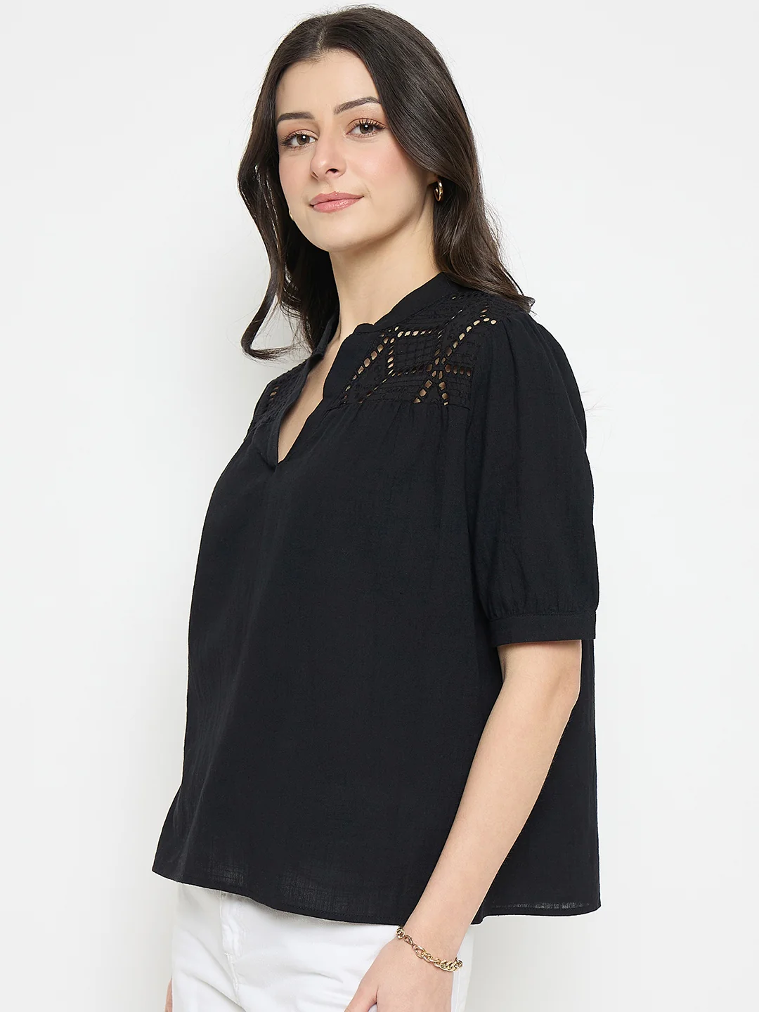 Madame Schiffli Detailing Black Cotton Top - Image 5