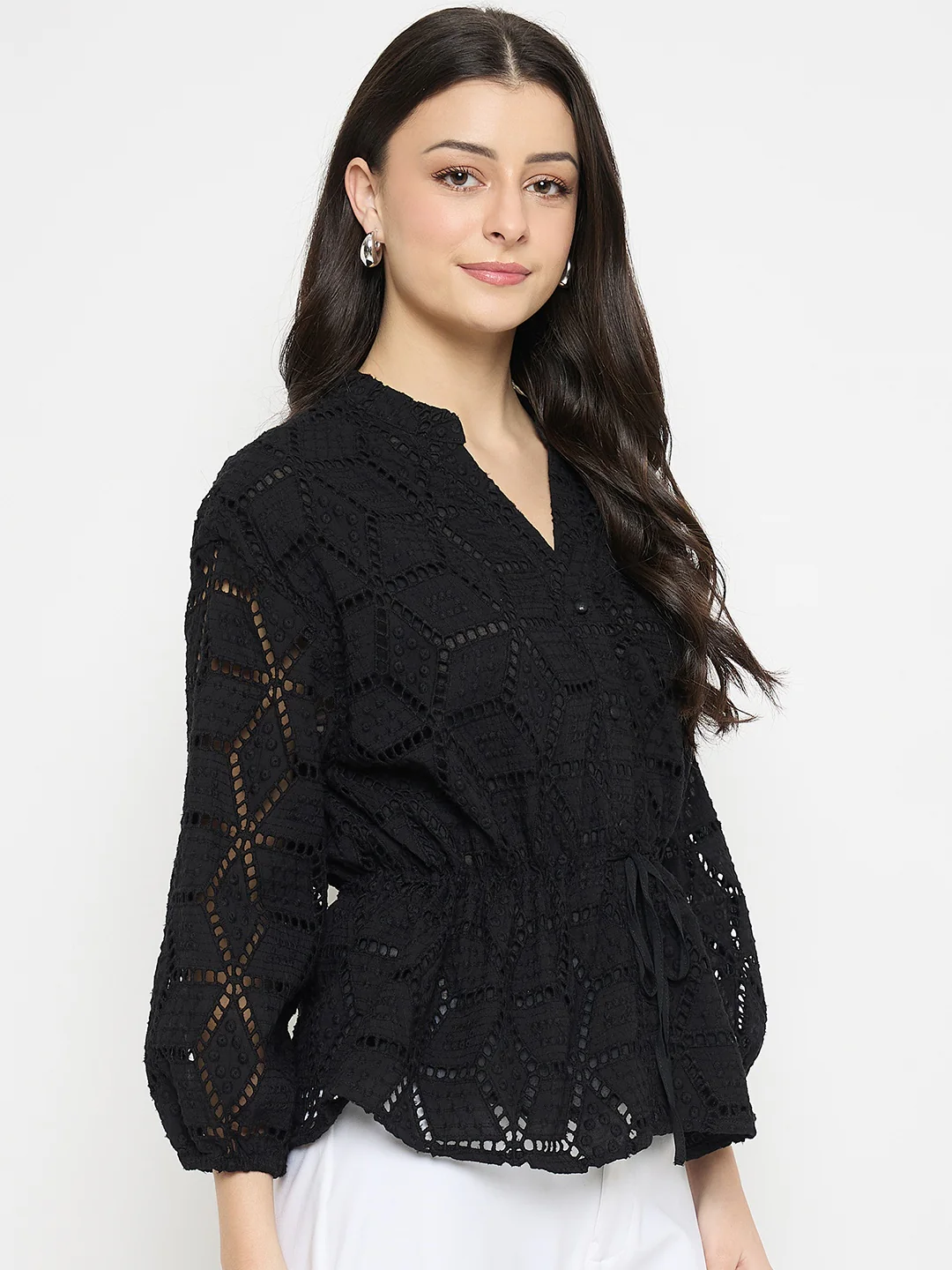 Madame Black Cotton Schiffli Peplum Top - Image 4