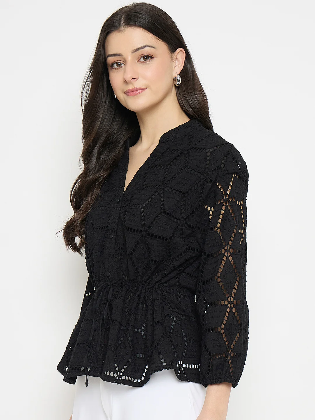 Madame Black Cotton Schiffli Peplum Top - Image 5