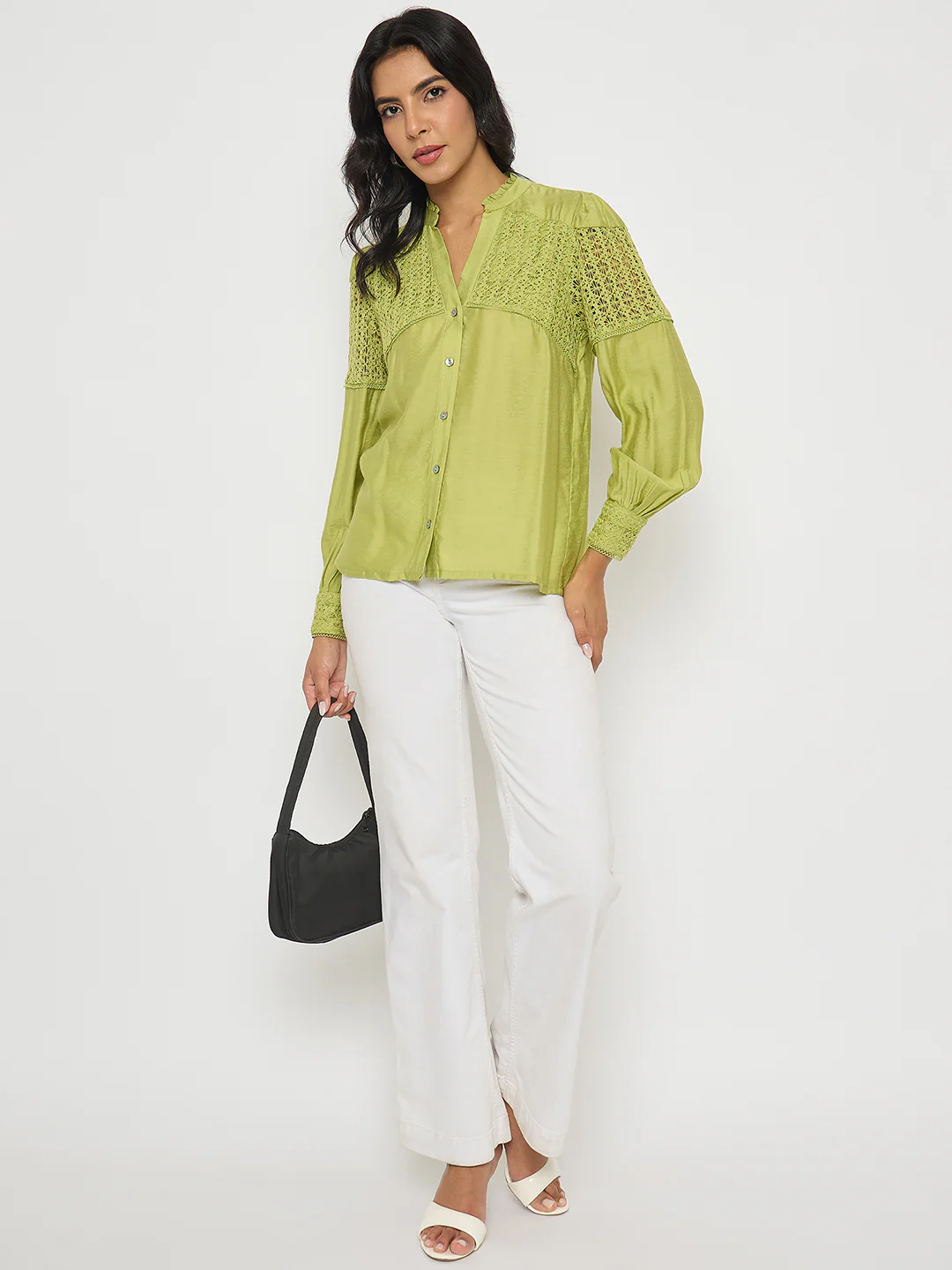 Madame Lace Detailed Pleated Front Green Top - Image 2