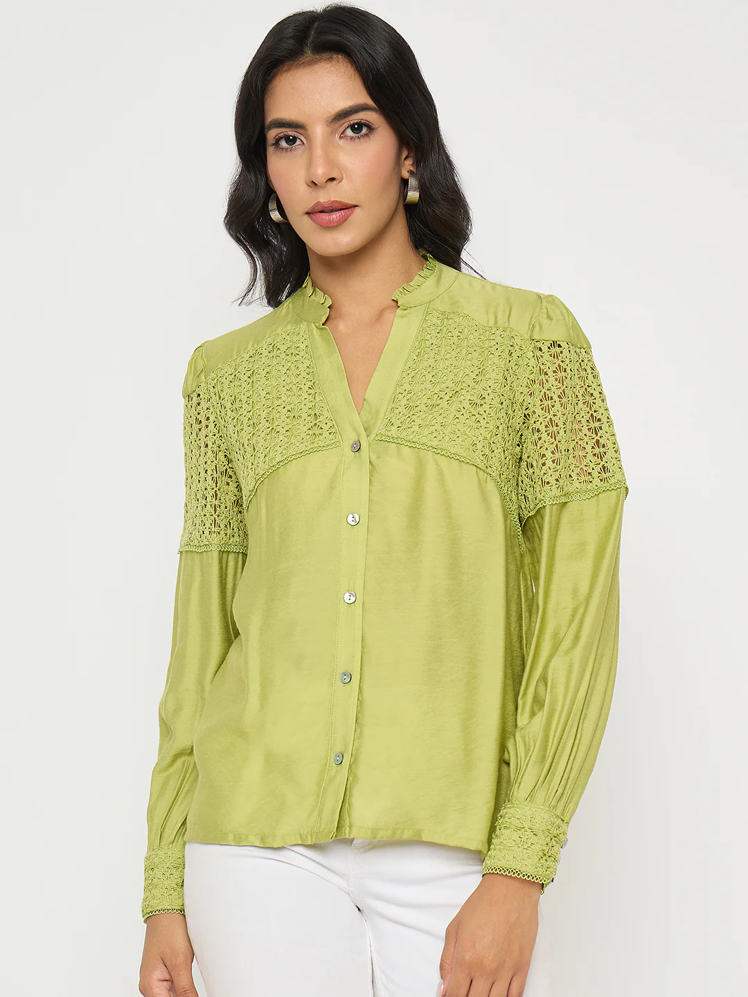 Madame Lace Detailed Pleated Front Green Top - Image 3