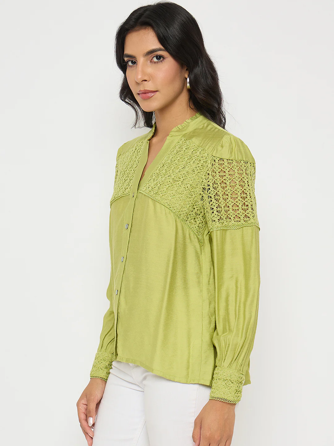 Madame Lace Detailed Pleated Front Green Top - Image 5