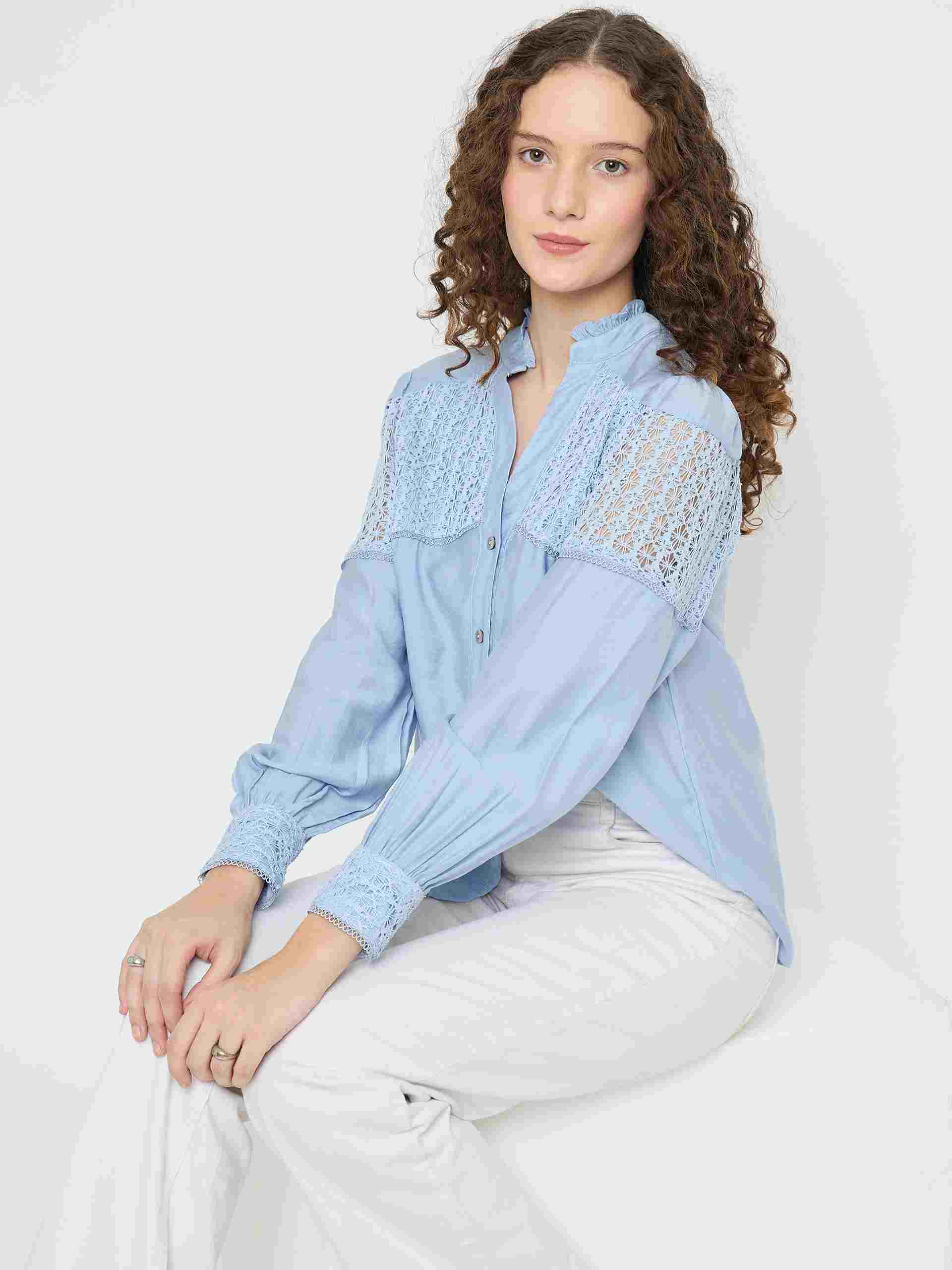Madame Lace Detailed Pleated Front Powder Blue Top