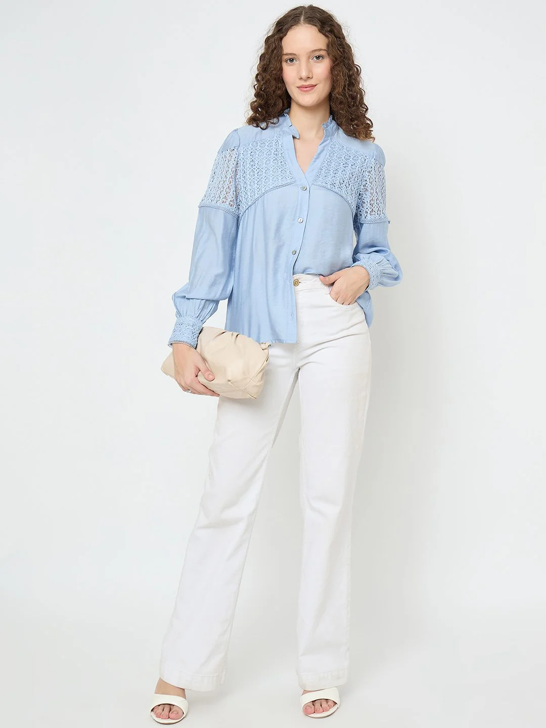 Madame Lace Detailed Pleated Front Powder Blue Top - Image 2