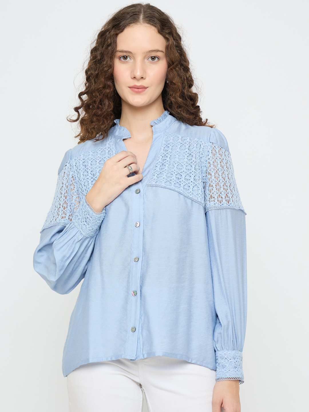 Madame Lace Detailed Pleated Front Powder Blue Top - Image 3