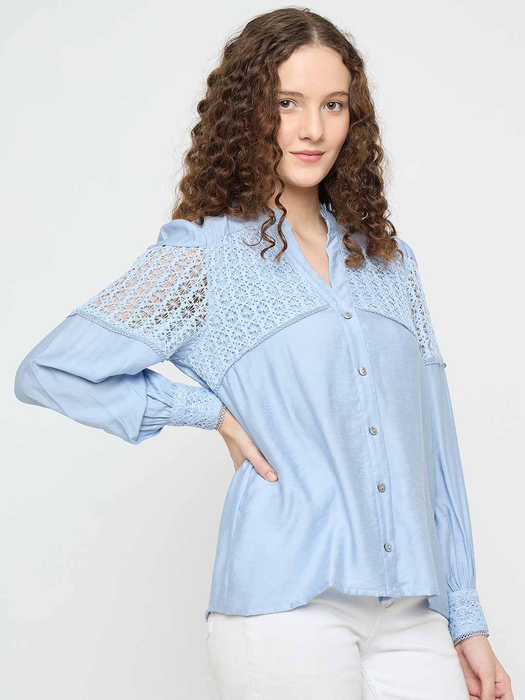 Madame Lace Detailed Pleated Front Powder Blue Top - Image 4
