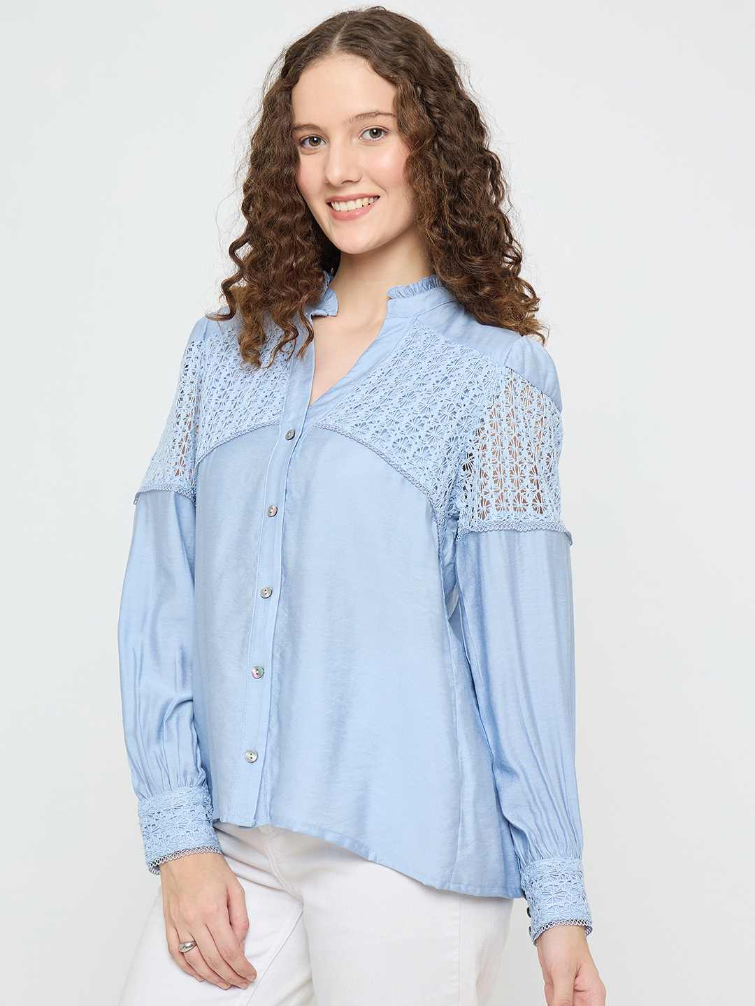 Madame Lace Detailed Pleated Front Powder Blue Top - Image 5