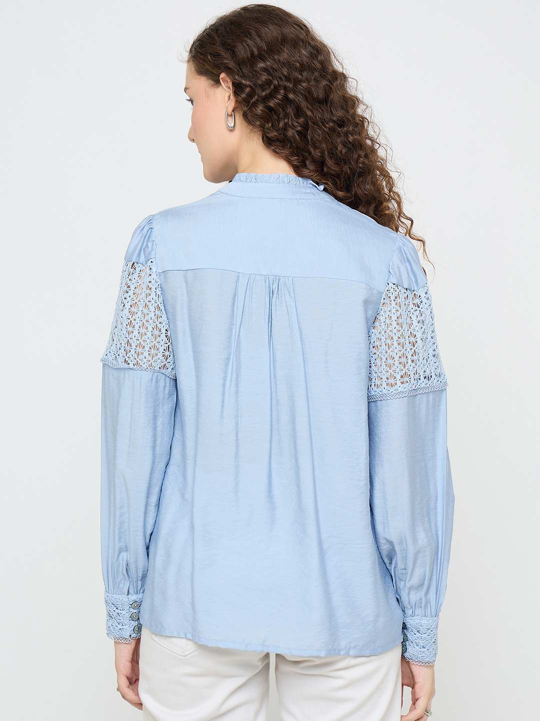 Madame Lace Detailed Pleated Front Powder Blue Top - Image 6