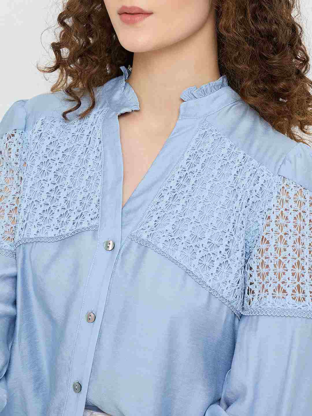 Madame Lace Detailed Pleated Front Powder Blue Top - Image 7