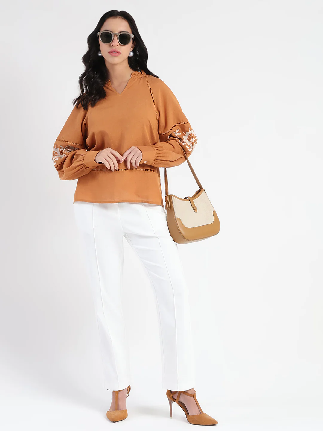 Madame Smocked Lace Detailed Tan Brown Top - Image 2