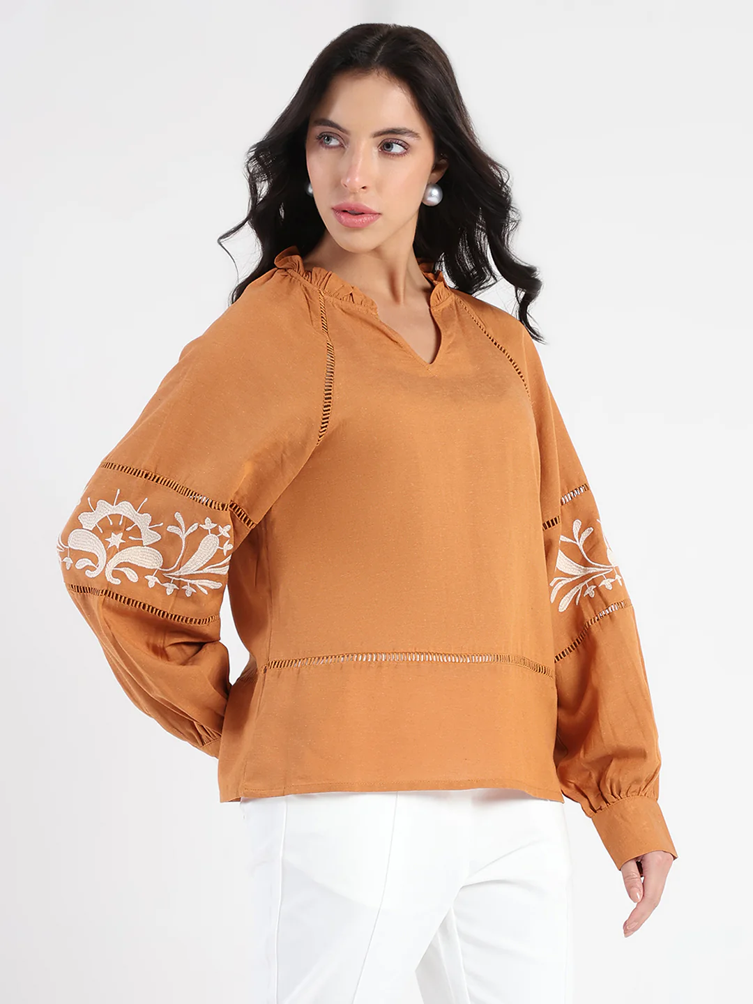 Madame Smocked Lace Detailed Tan Brown Top - Image 4