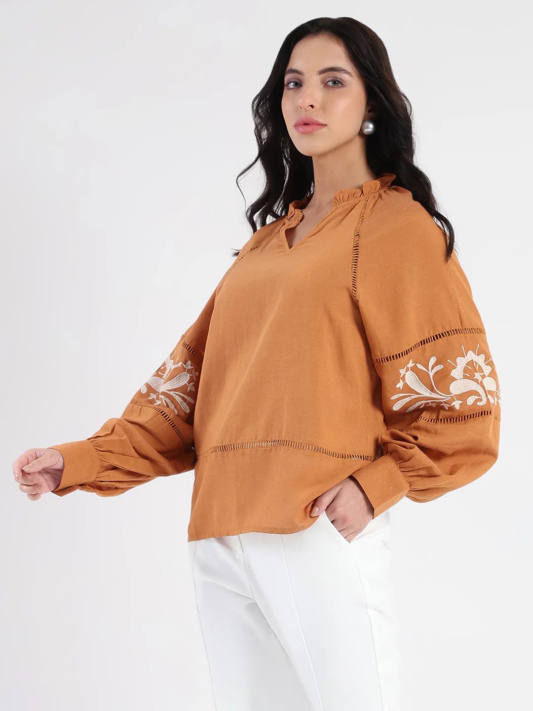Madame Smocked Lace Detailed Tan Brown Top - Image 5
