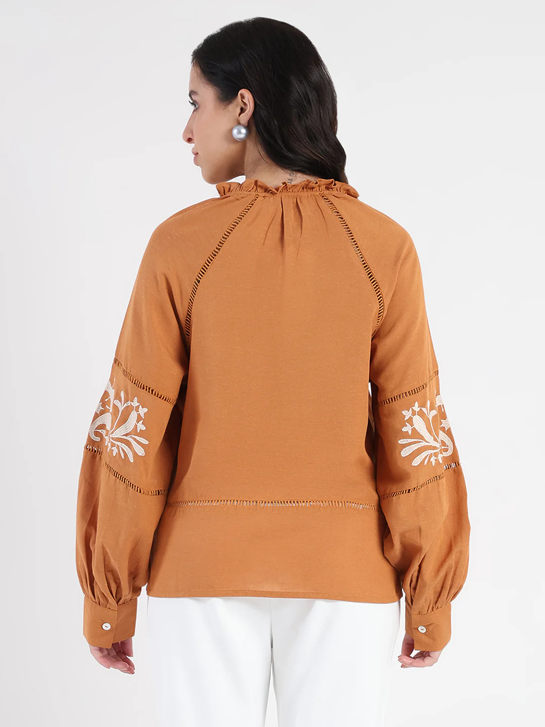 Madame Smocked Lace Detailed Tan Brown Top - Image 6
