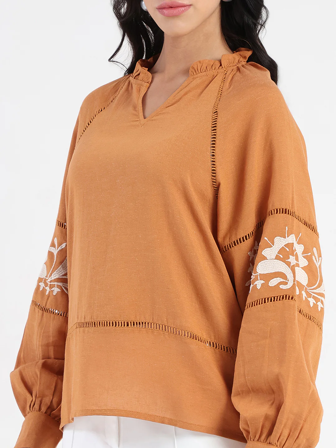 Madame Smocked Lace Detailed Tan Brown Top - Image 7