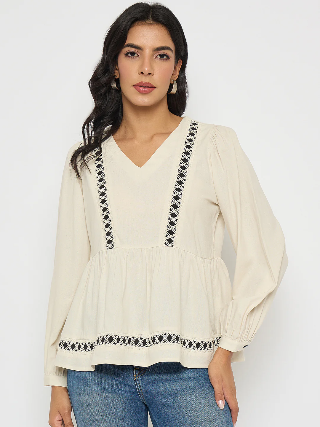 Madame Geometric Pattern Embroidery Rayon Blend Off White Top - Image 3