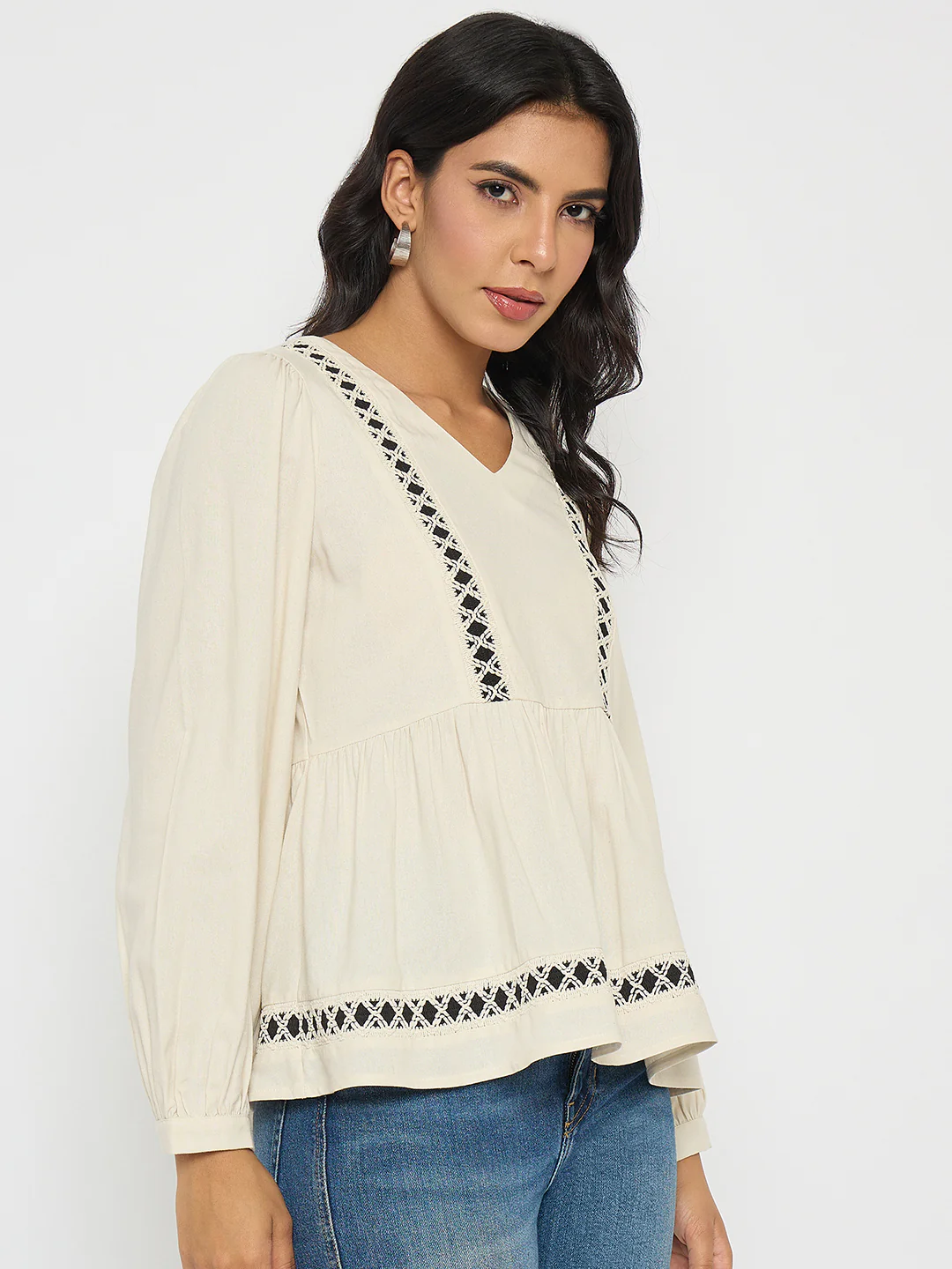 Madame Geometric Pattern Embroidery Rayon Blend Off White Top - Image 4