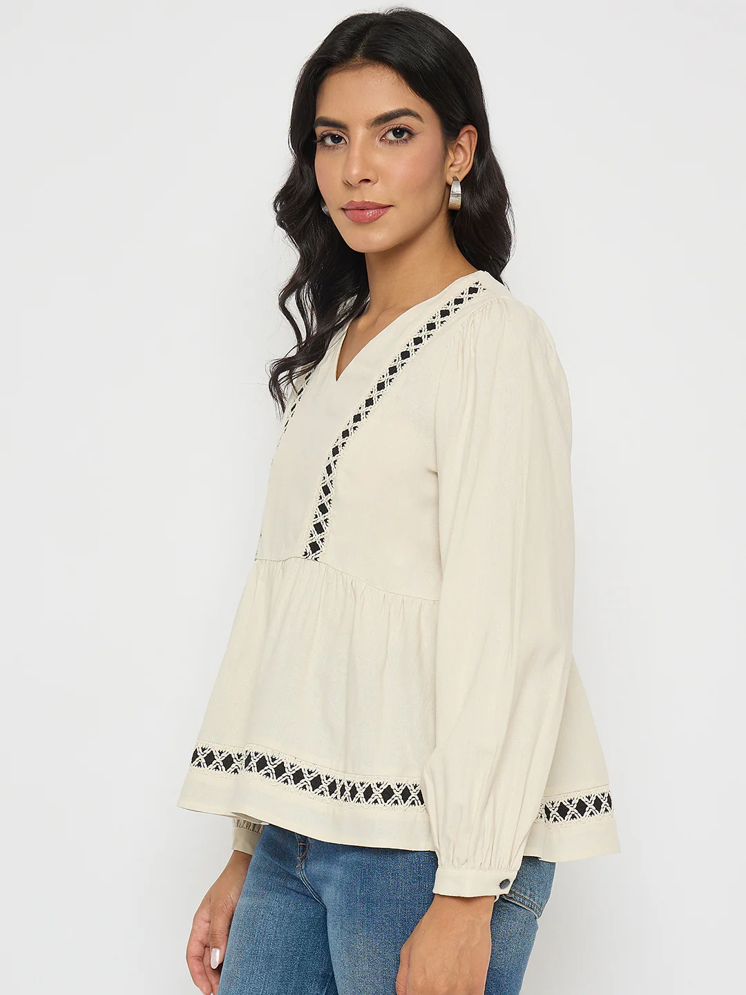 Madame Geometric Pattern Embroidery Rayon Blend Off White Top - Image 5