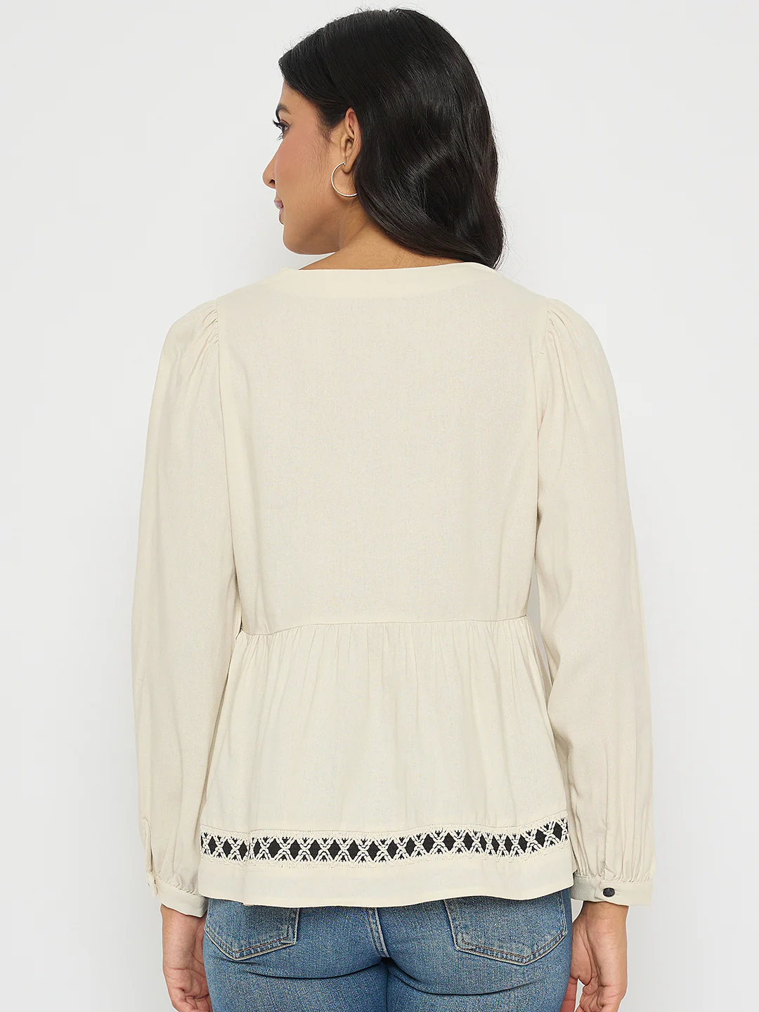 Madame Geometric Pattern Embroidery Rayon Blend Off White Top - Image 6