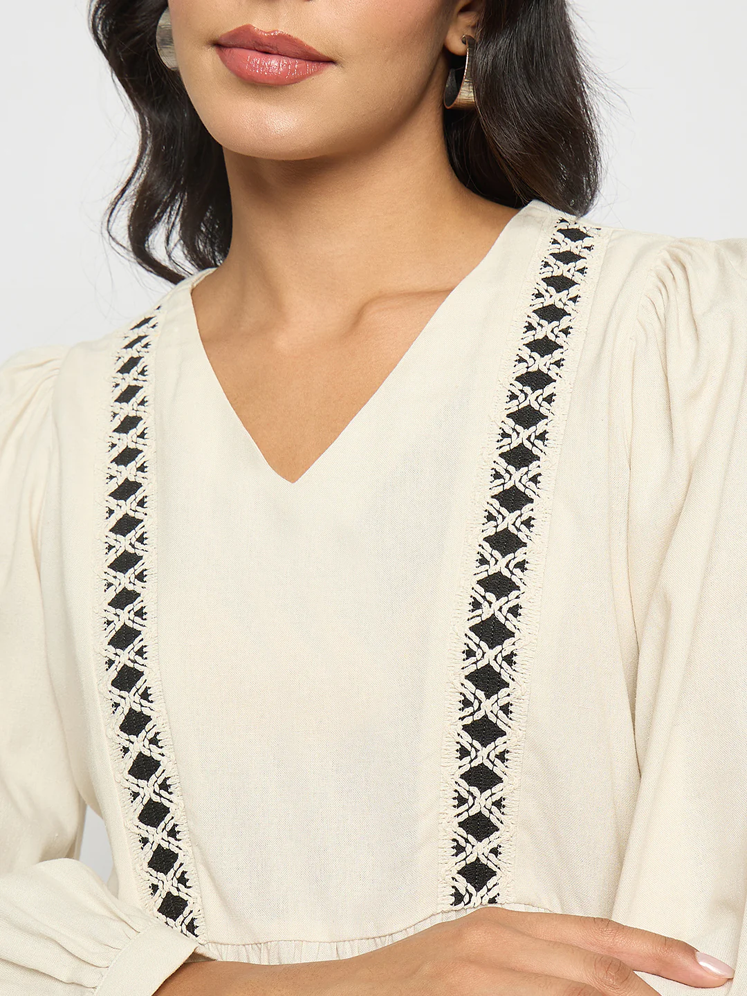 Madame Geometric Pattern Embroidery Rayon Blend Off White Top - Image 7