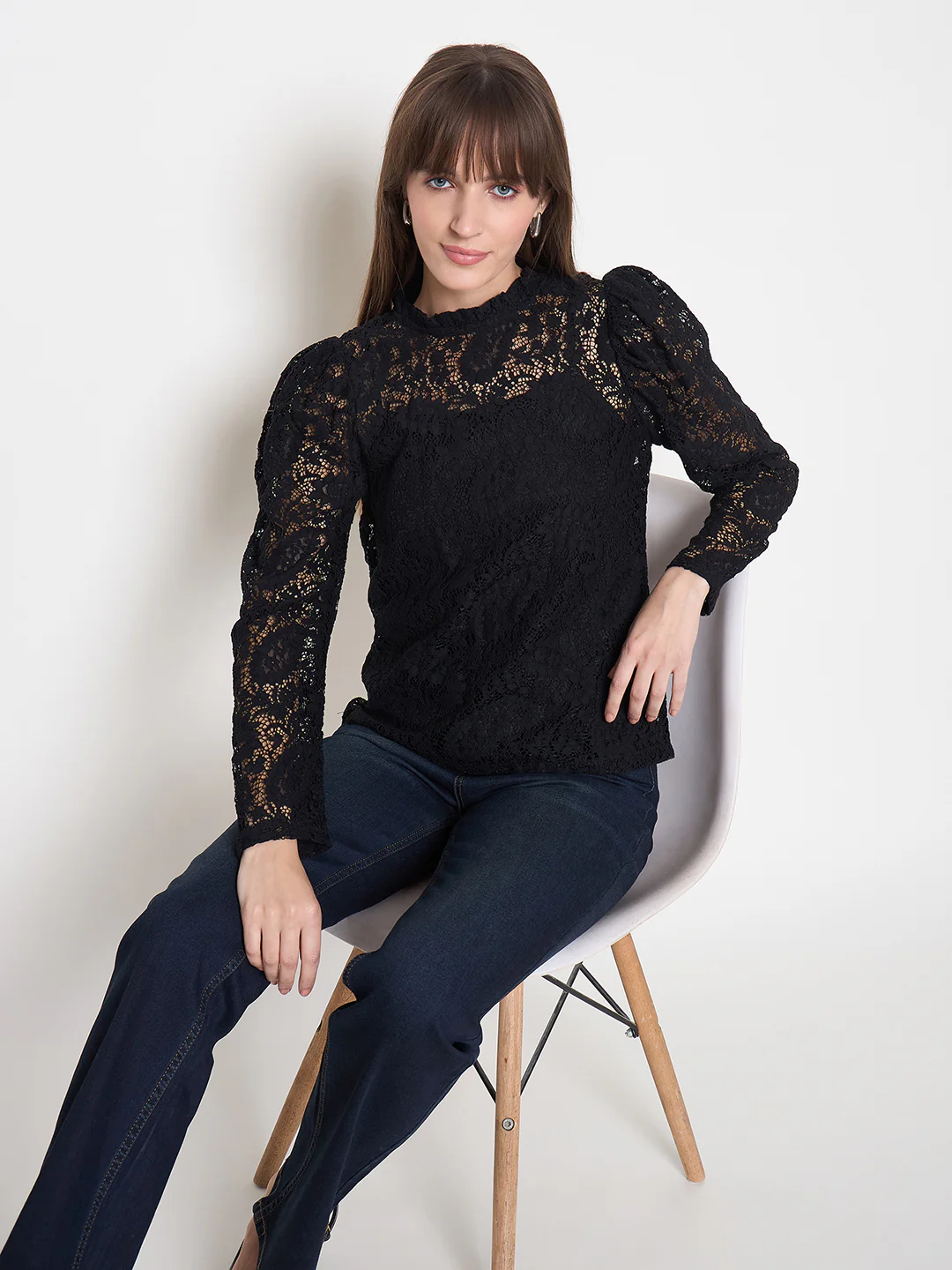 Madame Laced Self Design Puff Sleeve Black Top