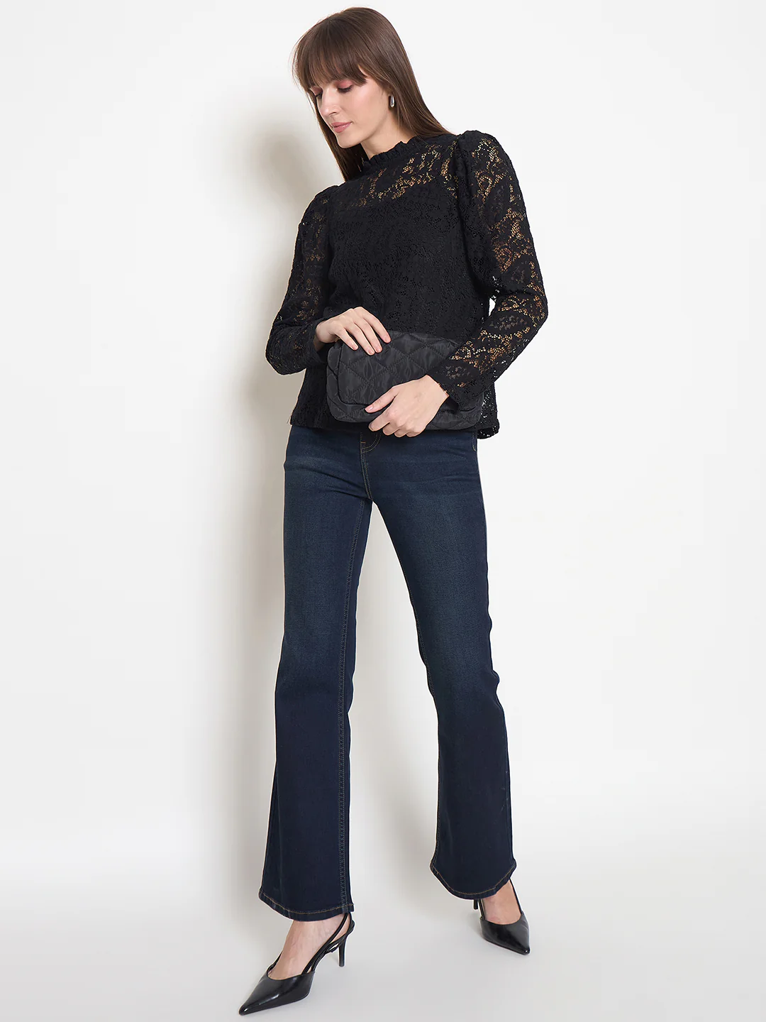 Madame Laced Self Design Puff Sleeve Black Top - Image 2