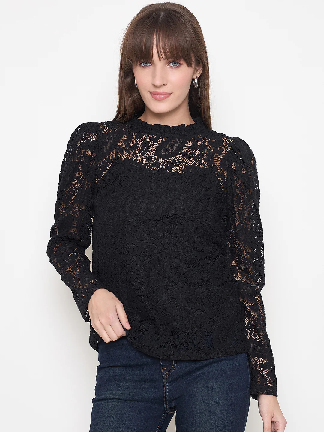 Madame Laced Self Design Puff Sleeve Black Top - Image 3