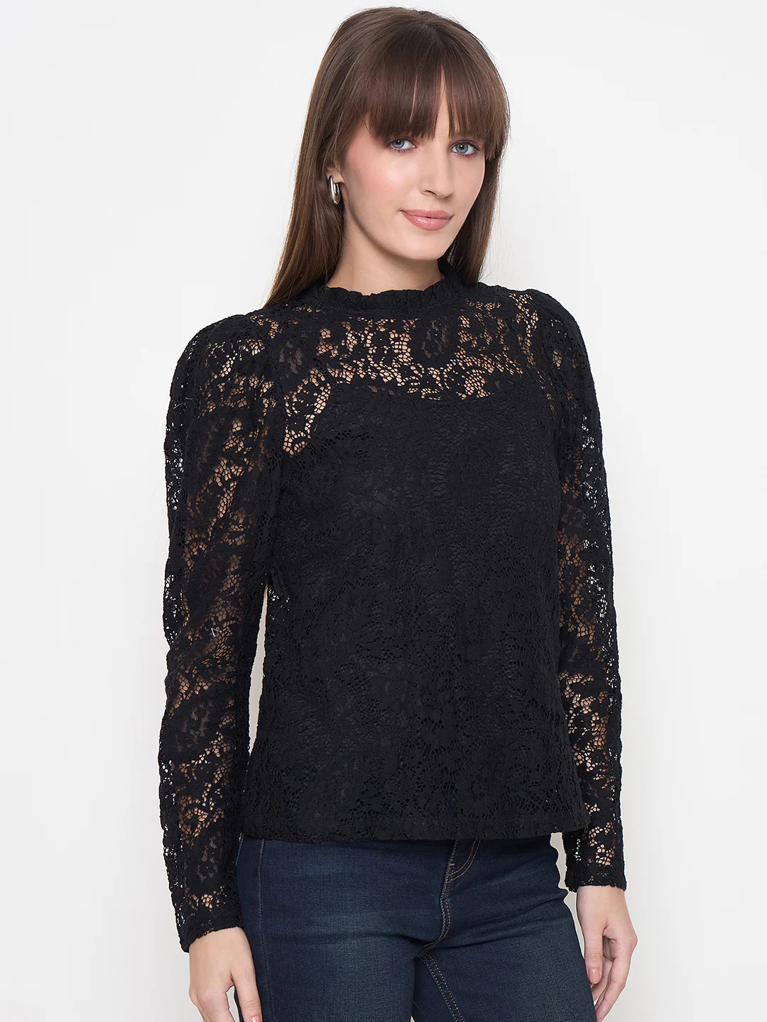 Madame Laced Self Design Puff Sleeve Black Top - Image 4