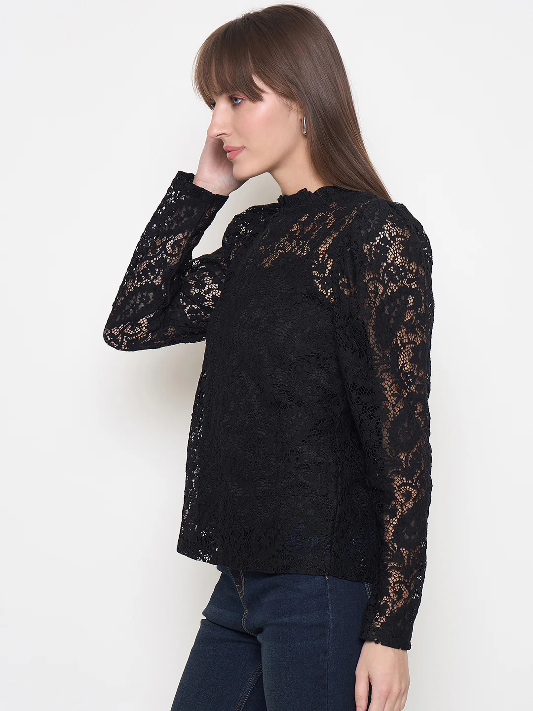 Madame Laced Self Design Puff Sleeve Black Top - Image 5