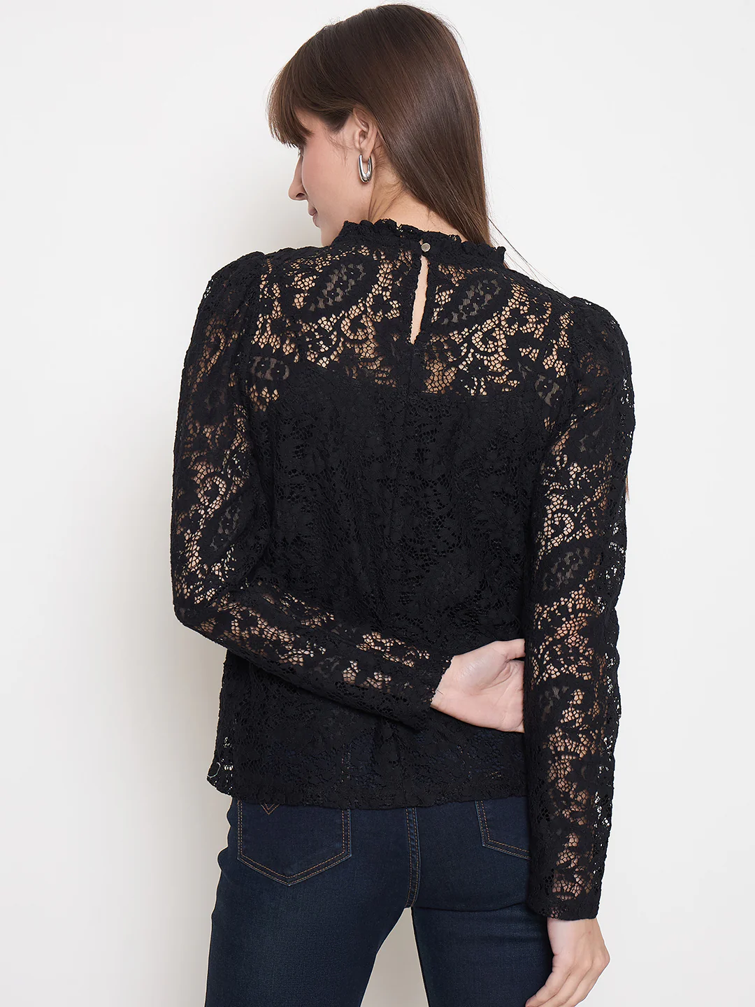 Madame Laced Self Design Puff Sleeve Black Top - Image 6
