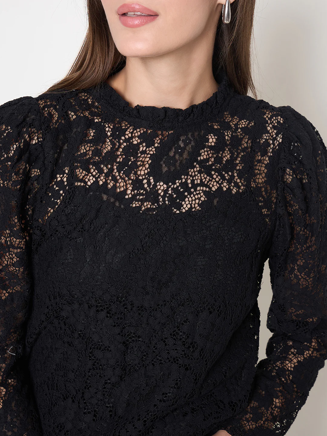 Madame Laced Self Design Puff Sleeve Black Top - Image 7